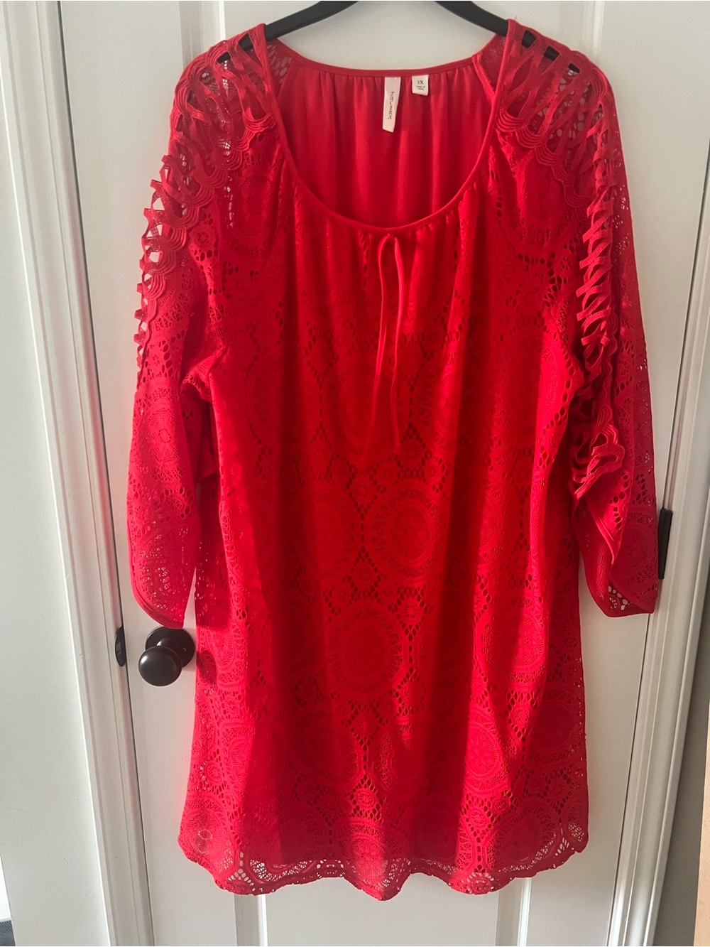 Tacera Red Crochet Lace Tunic with Ladder-Sleeve Detail